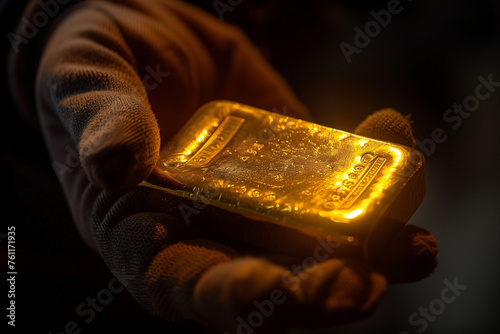 A 10 gram gold bar held in a gloved hand against a dark background, softly lit from the side to create dramatic shadows. photo