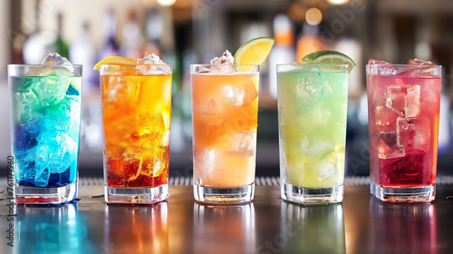 A variety of colorful cocktails drinks in glasses with ice cubes on bar counter.