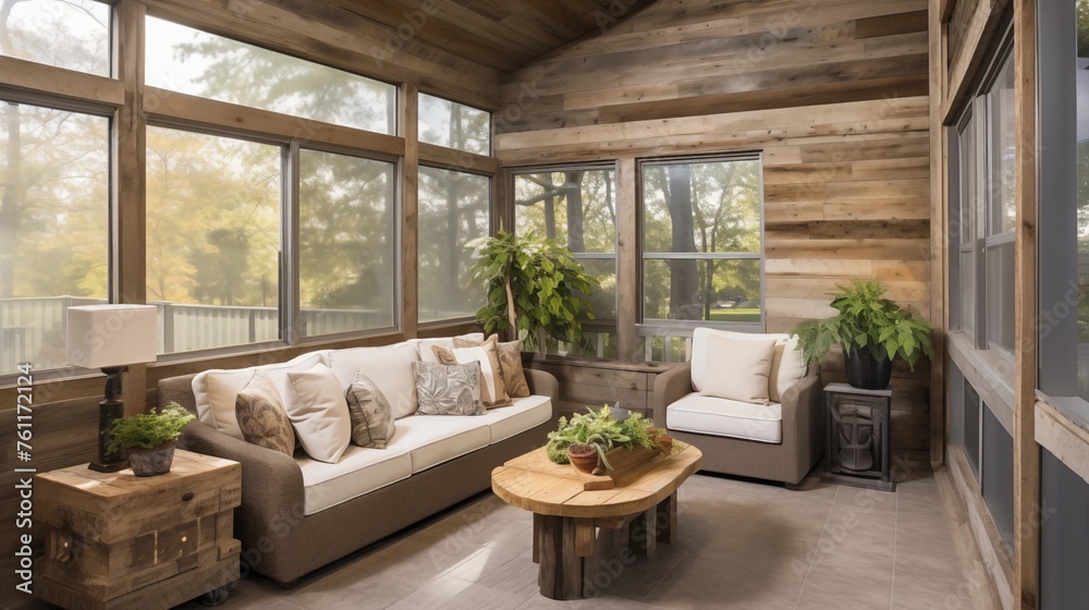 Fototapeta premium Sunroom incorporating rustic barn wood accent wall elements.