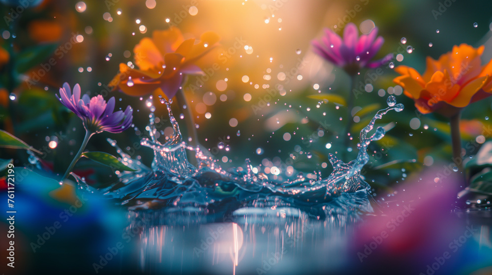Elegant Water Splash Amidst Lush Floral Blooms, Spring Background.