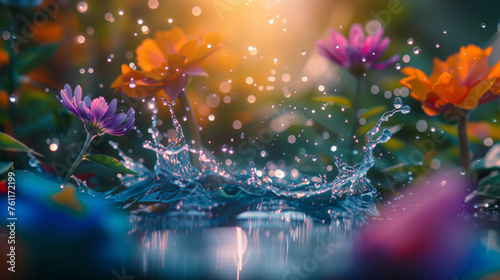 Elegant Water Splash Amidst Lush Floral Blooms  Spring Background.