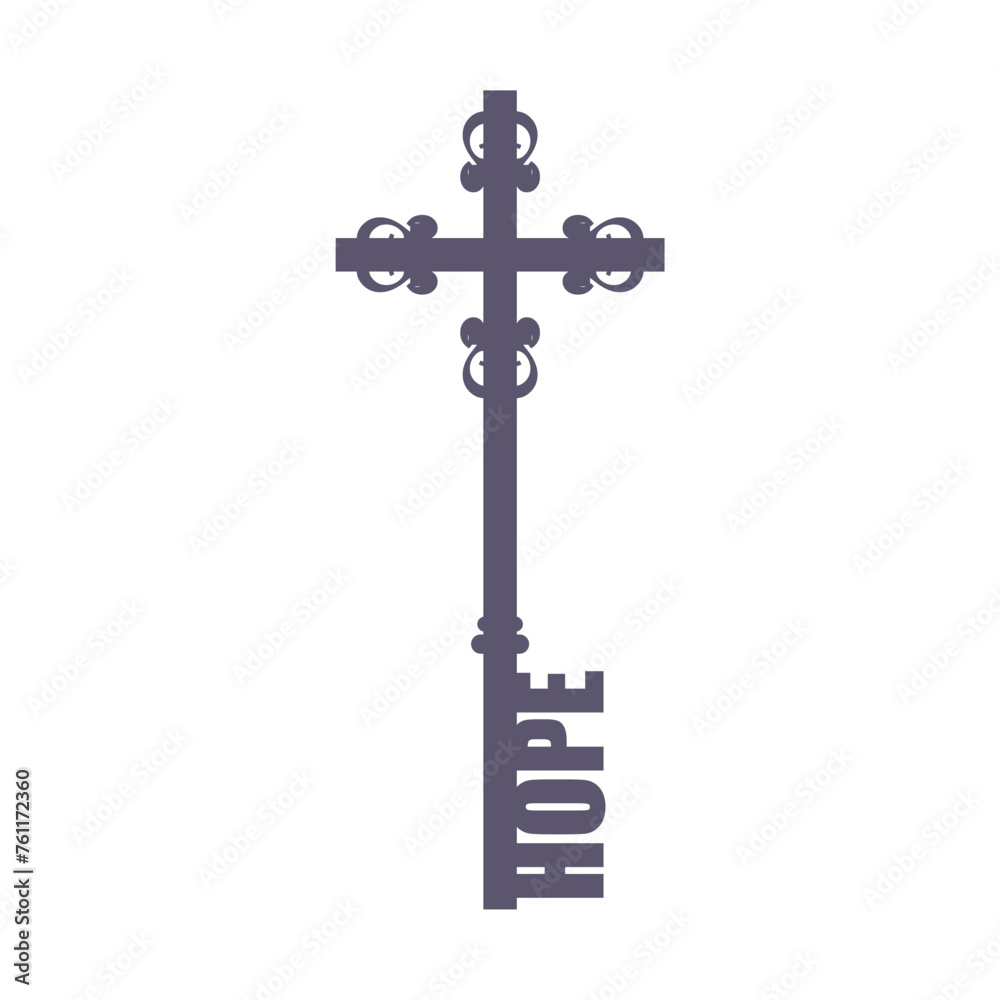 Christianity concept illustration. Cross shape key with hope word. Concept of a key of hope.