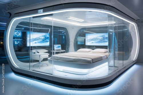 Futuristic robotic mechanism processing beds in soft lighting for innovation and advanced technology © Oksana