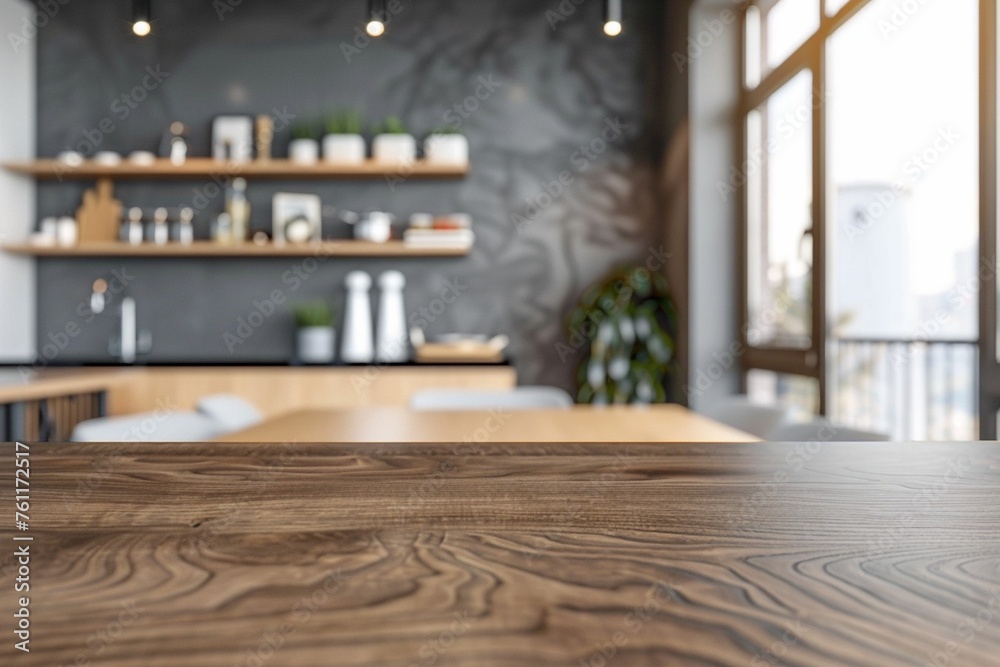 a wooden kitchen island - a blurred background of modern furniture with grey facade - obrazy, fototapety, plakaty 