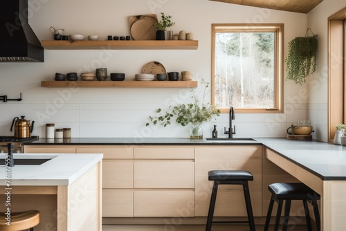 a kitchen with a window, counter, and stools