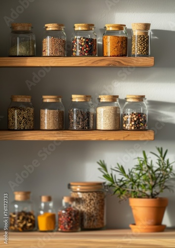 Different types of spices in glass jars arranged on a shelf on a white wall.