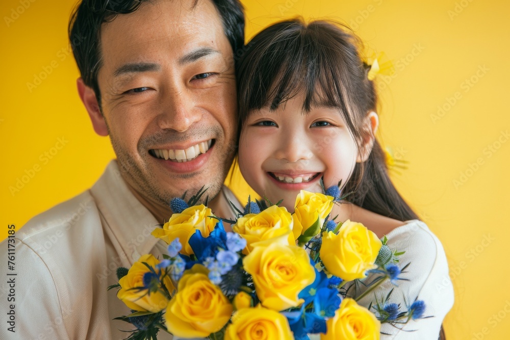 青と黄色の花束を持った、笑顔の子供とお父さん(父の日・father's day・黄色のバラ) 青と黄色の花束を持った、笑顔の子供とお父さん(父の日・father's day・黄色のバラ)