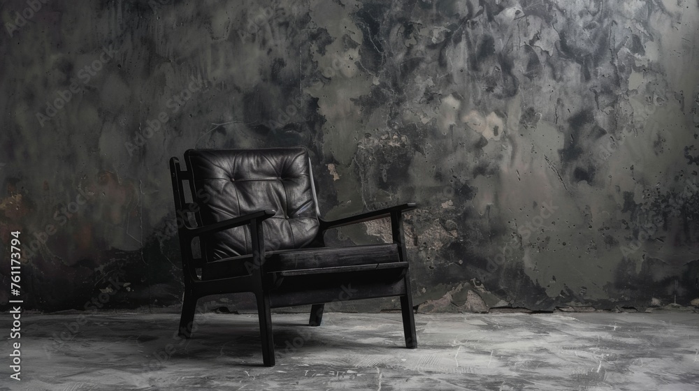 A stylish designer black leather chair set against a grey backdrop. This piece of seating furniture exudes contemporary elegance. A stylish designer black leather chair set against a grey backdrop. This piece of seating furniture exudes contemporary elegance.
