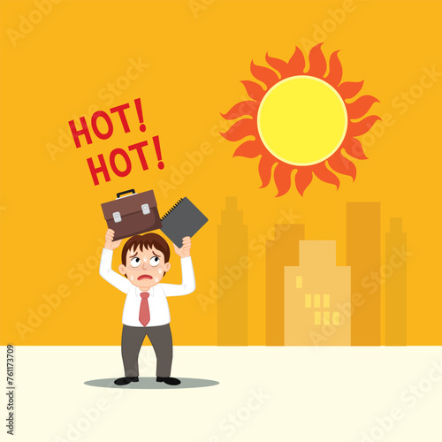 Hand drawn businessman standing under sun on a hot day. 
Angry sun Stock, Unhealthy heat, Heat Wave concept. Flat, Poster, Vector, Illustration, Cartoon, EPS10.   