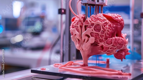 Medical 3D organ printing of model transplantation organ biological engineering in healthcare for surgical instruments, orthopedic and dental implants, AI generated for ads