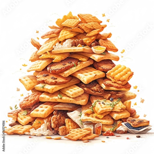 Capturing junk food items like potato chips, nachos, and pretzels neatly displayed on a white background. Generative ai.