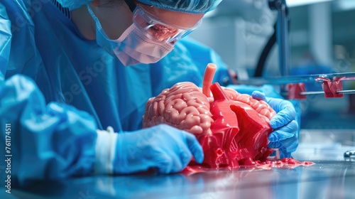 Medical 3D organ printing of model transplantation organ biological engineering in healthcare for surgical instruments, orthopedic and dental implants, AI generated for ads photo