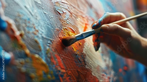 A persons hand holding a paintbrush, adding colorful strokes to a canvas