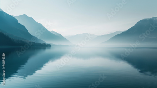 Minimalist landscape  mountains and calm waters.