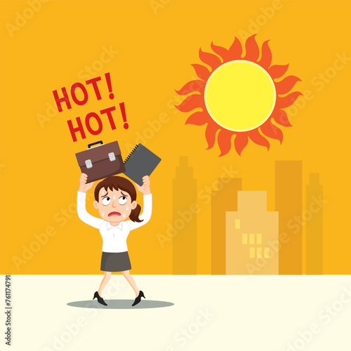 Hand drawn businesswoman standing under sun on a hot day. 
Angry sun Stock, Unhealthy heat, Heat Wave concept. Flat, Poster, Vector, Illustration, Cartoon, EPS10. 