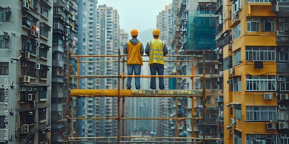 Teamwork occurs as construction workers erect scaffolding at the busy construction site. Concept Construction, Teamwork, Scaffolding, Busy Site, Workers