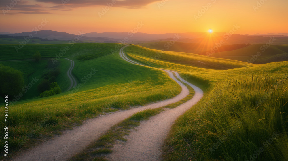 Winding Trail Through Hills at Sunset.