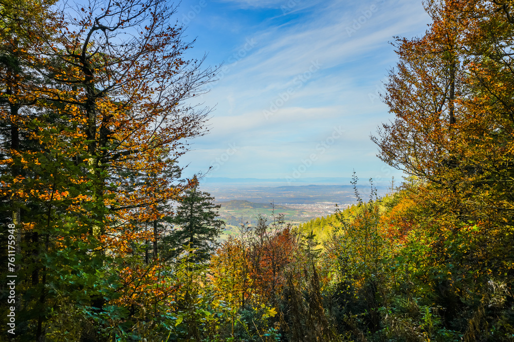 Fototapeta premium View from Schauinsland in the Black Forest of the surrounding nature near Freiburg im Breisgau. Landscape with forests and hills in autumn. 