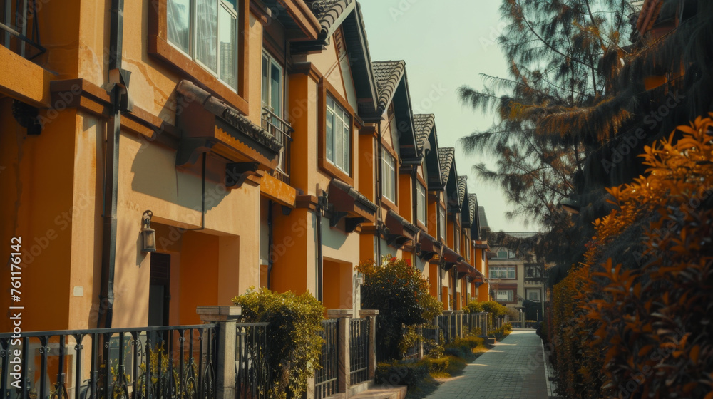 A row of residential townhomes