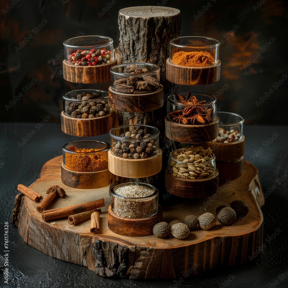 Different types of spices in glass jars arranged on a wooden stand on a black background.