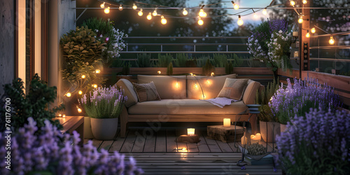 An evening spent on a balcony deck illuminated by outdoor lighting and flickering candles, Cozy outdoor patio with firepit for warm and toasty nights,

 photo