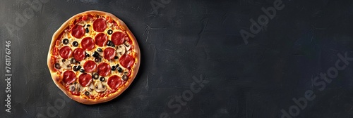 Tasty pepperoni pizza with mushrooms and olives on dark background with copy space for text. Banner.