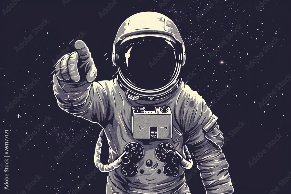 Astronaut Pointing Forward, Detailed Space Suit, Starry Space Background, Vintage-Style Monochrome Digital Illustration, Retro Sci-Fi Aesthetic, Human Space Flight, AI Generated  - obrazy, fototapety, plakaty 