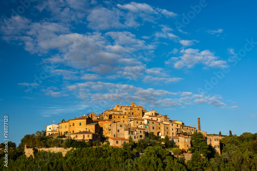 Medieval town of Petroio in the Tuscany in Italy during the golder hour before sunset in early autumn  photo