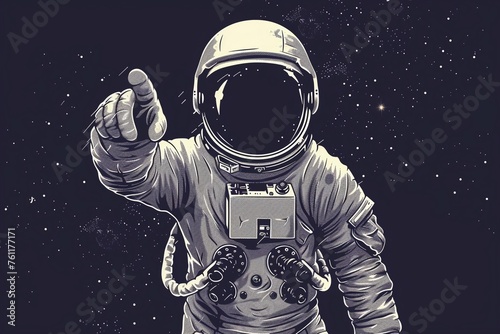 Astronaut Pointing Forward, Detailed Space Suit, Starry Space Background, Vintage-Style Monochrome Digital Illustration, Retro Sci-Fi Aesthetic, Human Space Flight, AI Generated  © Tatsiana