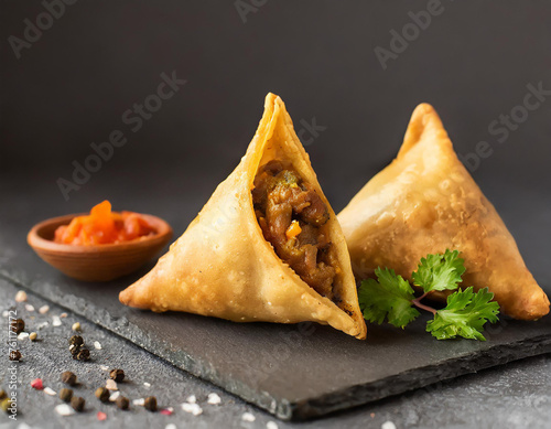 samosa on a plate with sauce and tomatoes
