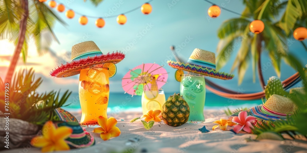 Cinco de Mayo. Mexican Beach Party with Sombreros, Hammocks, and Tropical Drinks