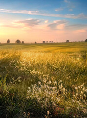 Beautiful morning natural summer landscape with a field of wild grass and textured expressive sky. Vibrant gold sunrise over a rural landscape.