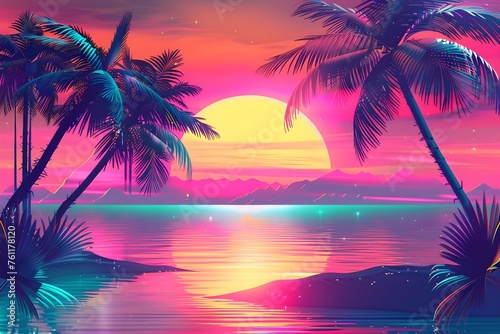 Retrowave neon beach with palm trees background. Synthwave, outrun aesthetic. Design for banner, poster. Summer vacation and travel concept