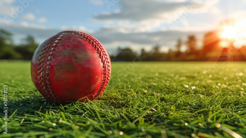 Red Cricket Ball on Green Grass Field with Copy Space Available