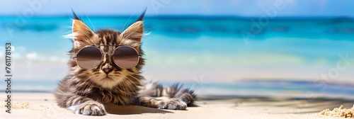 Cat in sunglasses lying on the beach. Summer vacation and travel concept. Design for banner, header, invitation with copy space. Funny cute pet © dreamdes