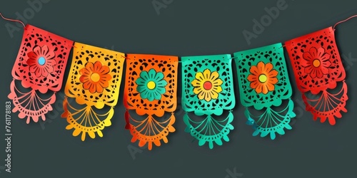Cinco de Mayo. Papel Picado Banner with Traditional Cut Paper Designs in Bright Colors and Celebratory Motifs