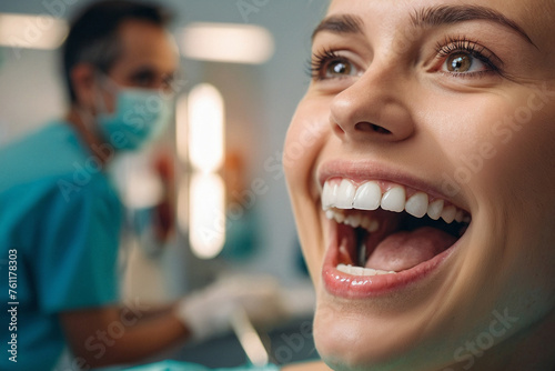 Dentist mirror and woman check smile after teeth clean