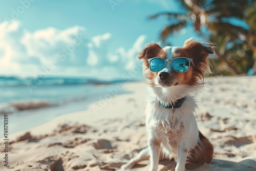 Dog wearing sunglasses on a tropical beach. Summer vacation and travel concept. Design for banner, poster, invitation with copy space. Funny cute pet © dreamdes