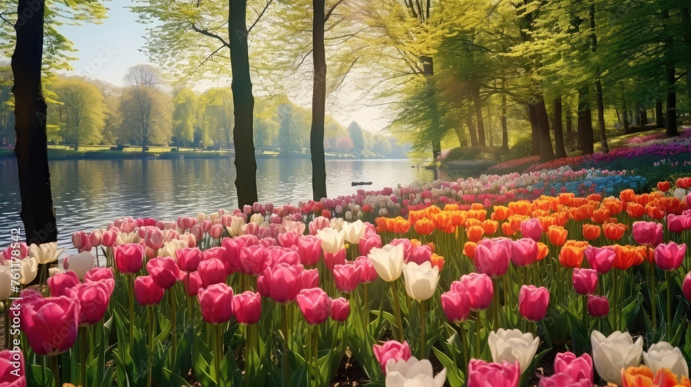 Fototapeta premium Landscape of colorful beautiful blooming tulip field in Lisse KEUKENHOF Park Holland Netherlands in spring, with fresh green meadow and trees - Tulips flowers background