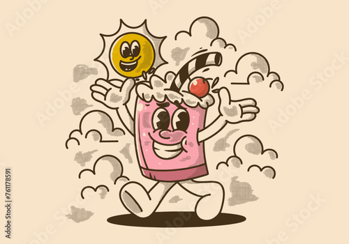 Mascot character illustration of a walking ice cream float and a sun © Adipra