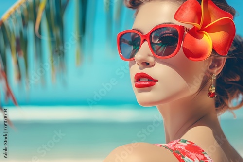 Elegant woman with sunglasses on the tropical beach.  Summer vacation and travel concept. Vintage style, pinup girl. Design for banner, poster, magazine with copy space © dreamdes