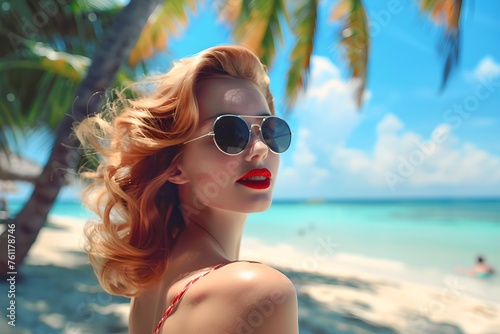 Fashionable woman in sunglasses on the beach. Summer vacation and travel concept. Vintage style, pinup girl. Design for banner, poster, magazine with copy space © dreamdes