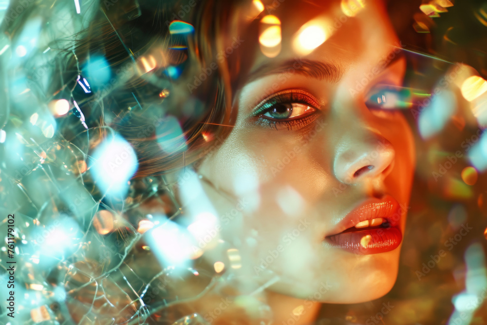 A beautiful young woman looks through a cloudy glass with a prism and glare. Background for design. A beautiful young woman looks through a cloudy glass with a prism and glare. Background for design.