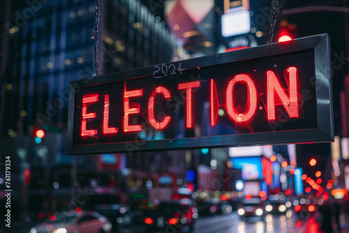 An illuminated "2024 Election" sign glows brightly in the city on a nighttime street, standing as a beacon of civic participation and democratic engagement amidst the urban hustle and bustle.