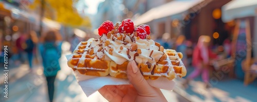 A young person is holding an amazing tasty waffle with whipped cream and raspberries, the city street in the background. photo