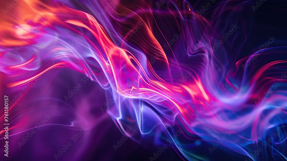 Dynamic swirls of neon light with vibrant colors flow against a dark background, creating an abstract wave pattern