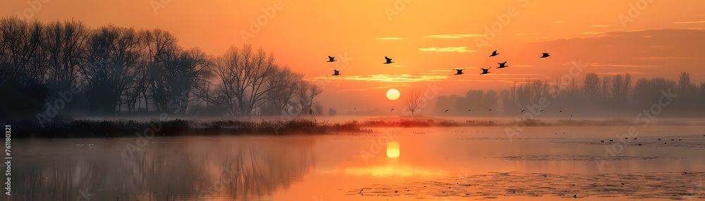 Panoramic view of a serene sunrise over a misty lake with silhouettes of birds in flight, reflecting the warm glow of the morning sun.