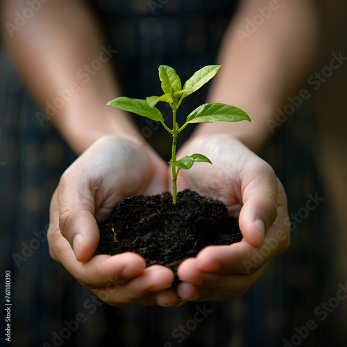 Caring hands hold a young plant with fresh green leaves and fertile soil, symbolizing hope, growth, and sustainable living.