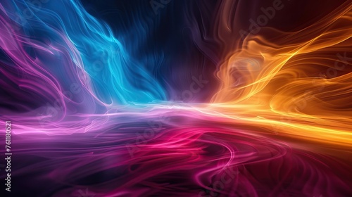 Dynamic swirls of neon light with vibrant colors flow against a dark background, creating an abstract wave pattern