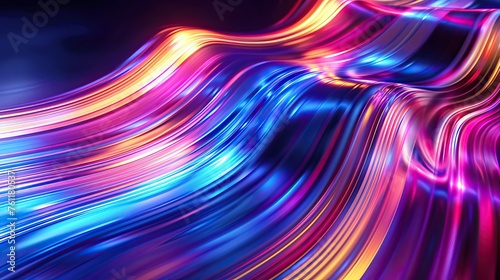 Dynamic swirls of neon light with vibrant colors flow against a dark background, creating an abstract wave pattern